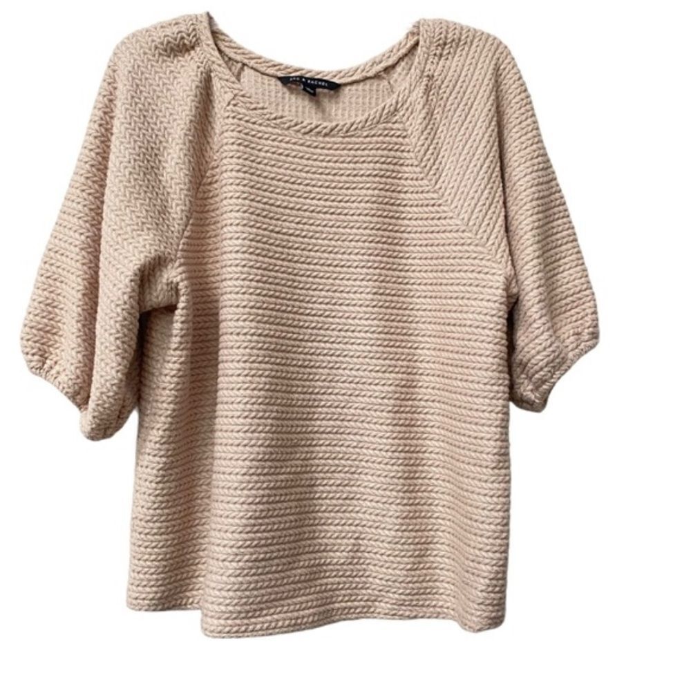Zac & Rachel tan oatmeal Neutral Cable knit Puff sleeve sweater blouse top L